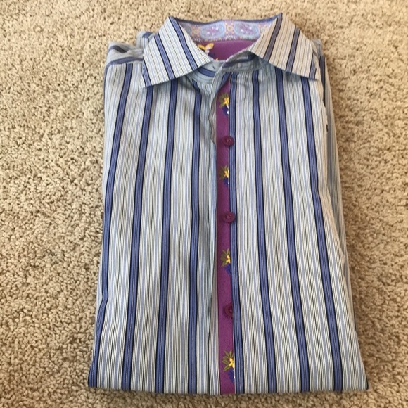 Robert Graham mens medium blue striped /embroidered long sleeve shirt.